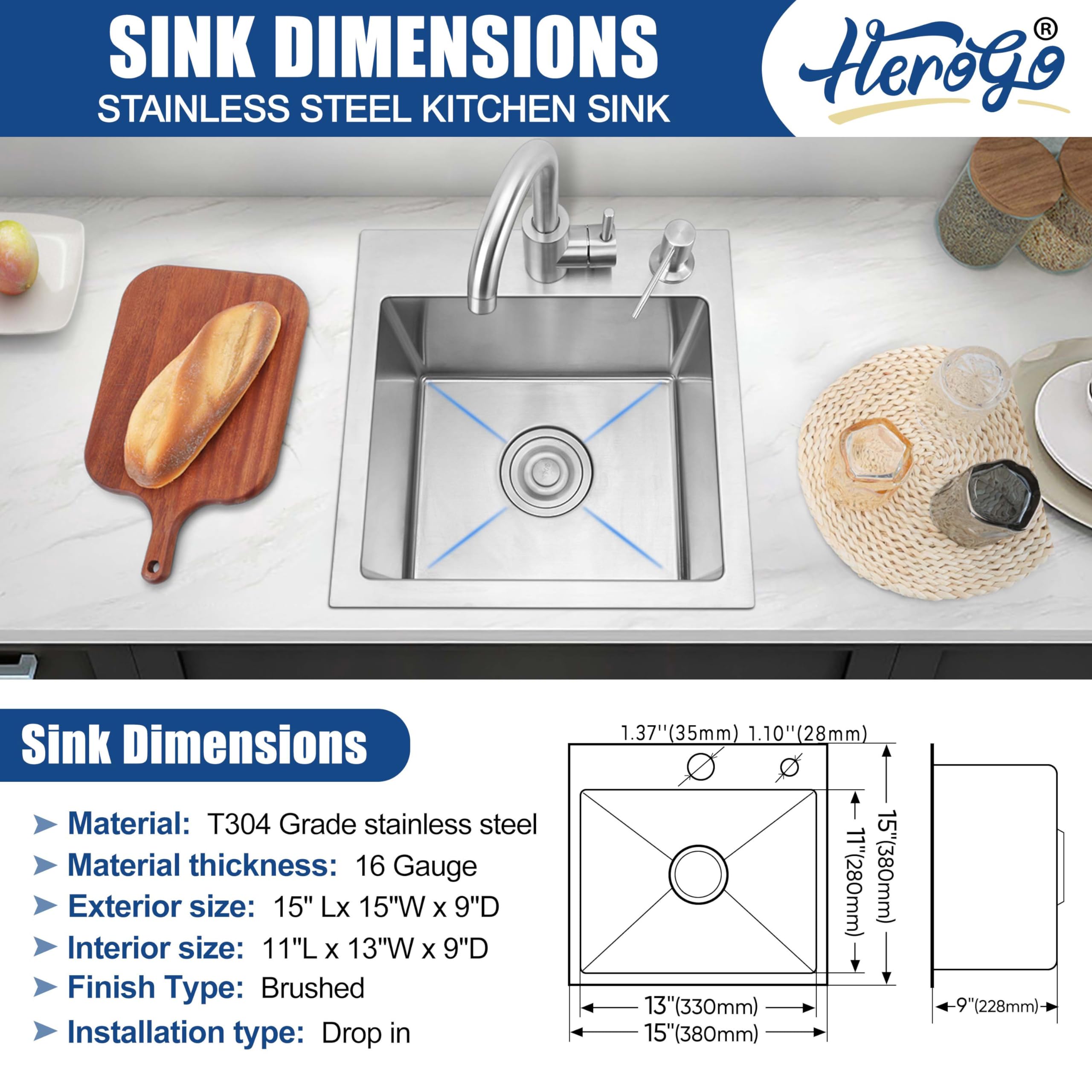Herogo 15×15 Inch Kitchen Bar Sink, Small Deep Drop In